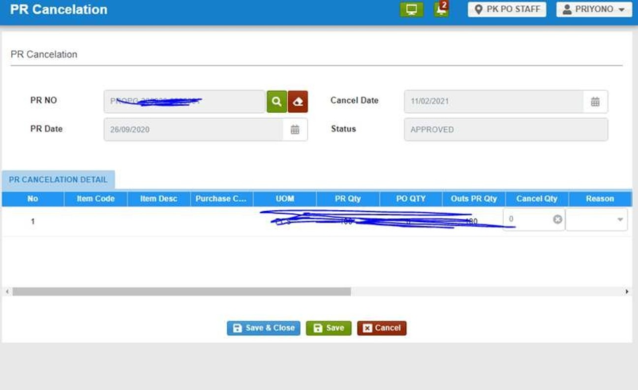 Purchasing Module - PR Cancellation